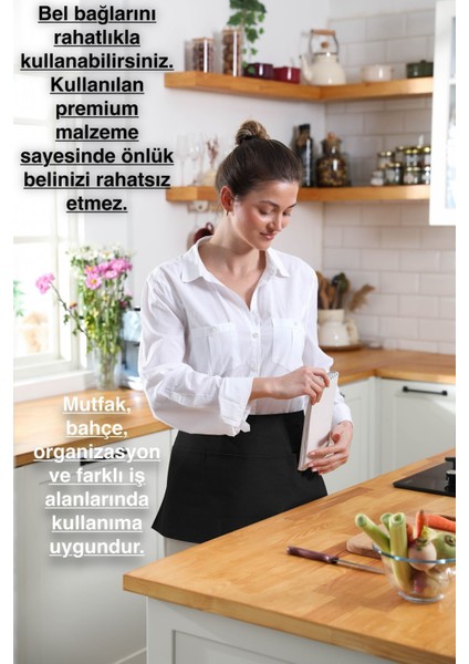 Suya dayanıklı mutfak önlüğü, geniş cepli, şık ve kullanışlı, 60x30, pamuk polyester siyah