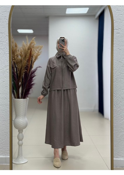 Sofya Çilek Fermuarlı Etekli Cepli TAKIM-NA3390 Vizon