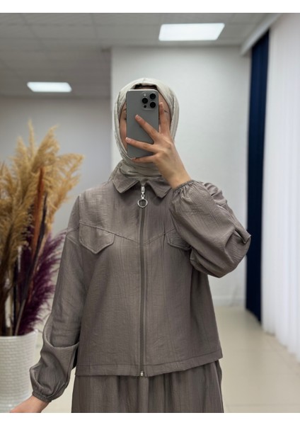 Sofya Çilek Fermuarlı Etekli Cepli TAKIM-NA3390 Vizon fiyatları