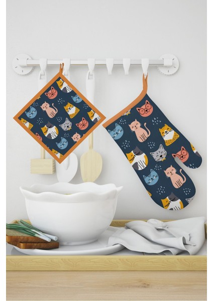 Lacivert Kedi Desenli Eldiven ve Tutacak Seti, şık ve fonksiyonel kullanım sağlar fiyatları