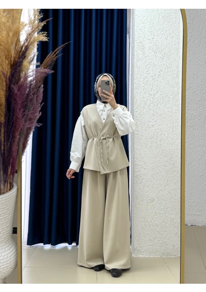 Velira Yelekli Bol Paça Pantolonlu TAKIM-PN2861 Taş
