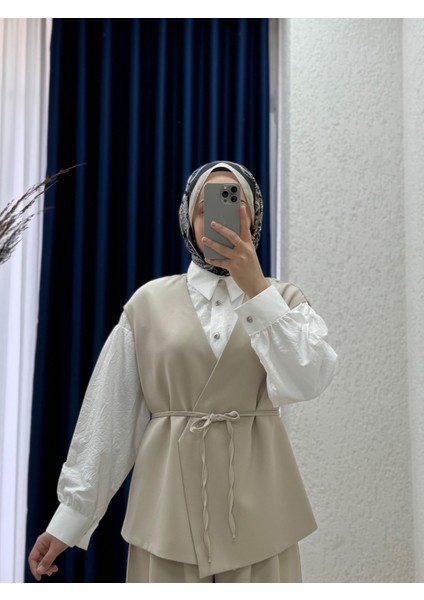Velira Yelekli Bol Paça Pantolonlu TAKIM-PN2861 Taş