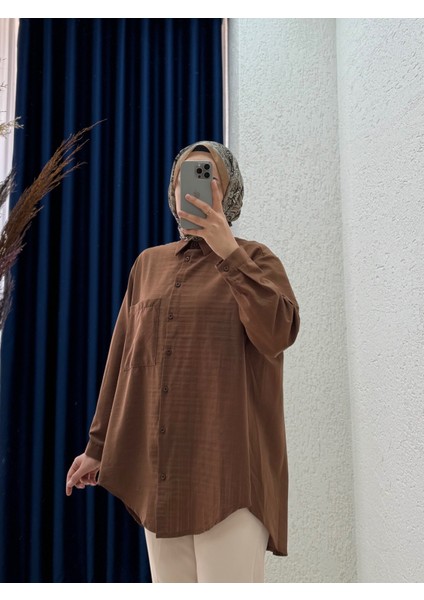 Berenice Tek Cepli Kendinden Çizgili Mevsimlik GÖMLEK-Çİ1100 Kahve