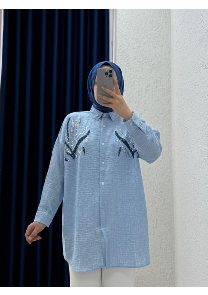 Yelina Çift Tarafı Pul Işlemeli GÖMLEK-PE222 Mavi