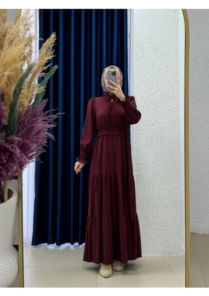 Tirasya Katkatlı Bel ve Kol Ucu Lastikli Nada ELBISE-KN8011 Bordo