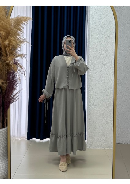Ascona Kol Bağcıklı Boydan Düğmeli Etek Fırfırlı Dubai TAKIM-EK459 Mint