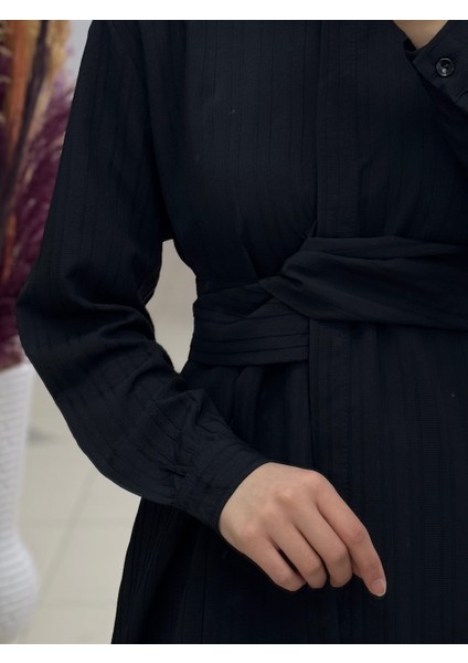 Selen Damarlı Kumaş Bağlamalı GÖMLEK-Çİ425 Siyah- Kadın Gömlek-Tam Yazlık -Rahat Kumaş-Sade Model-Tesettür Gömlek-Salaş Model modelleri