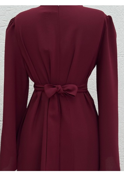 Ebru Bağcıklı Krep ELBISE-PA9598 Bordo