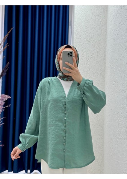 Zaryla V Yaka Boydan Düğmeli Pes Modal GÖMLEK-NL361 Mint