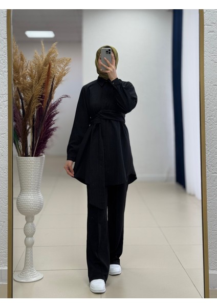 Selen Damarlı Kumaş Bağlamalı GÖMLEK-Çİ425 Siyah Kadın Gömlek-Tam Yazlık -Rahat Kumaş-Sade Model-Tesettür Gömlek-Salaş Model