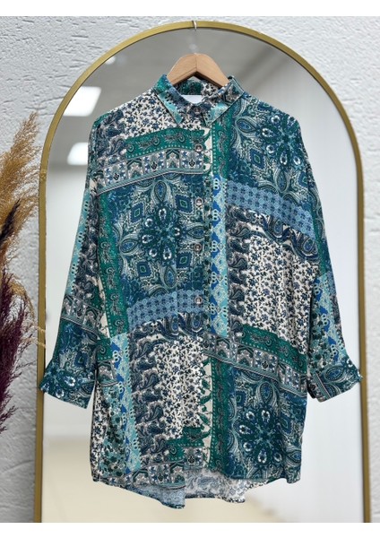 Valeria Etnik Desen Oversize Viskon GÖMLEK-PE204 Mint