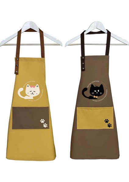 Kumaş mutfak önlüğü seti, leke tutmaz, su itici, kedili baskılı, 60x75 cm, sarı