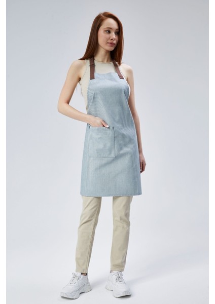 Gri ve mavi çizgili çok amaçlı önlük, şık tasarım, pamuk, 80x65 cm modelleri