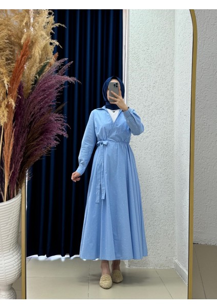 Ravuna Bağlamalı Çizgili Pırıltılı ELBISE-BY91097 Mavi