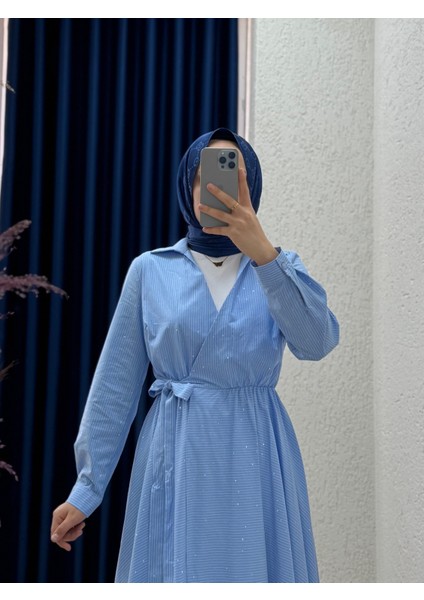 Ravuna Bağlamalı Çizgili Pırıltılı ELBISE-BY91097 Mavi fiyatları