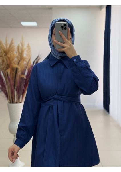 Selen Damarlı Kumaş Bağlamalı GÖMLEK-Çİ425 Lacivert Kadın Gömlek-Tam Yazlık -Rahat Kumaş-Sade Model-Tesettür Gömlek-Salaş Model fiyatları