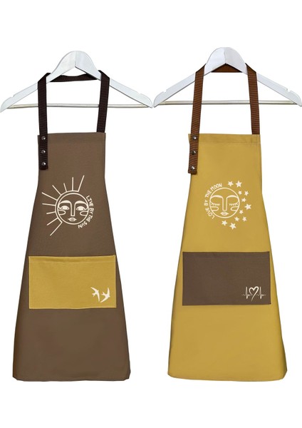 2'li Ay ve Güneş Desenli Mutfak Önlüğü Seti, 60x75 cm, Pamuk Polyester, Sarı