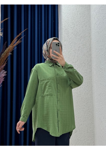 Berenice Tek Cepli Kendinden Çizgili Mevsimlik GÖMLEK-Çİ1100 Yeşil-Tesettür Gömlek-Uzun Kollu Kadın Gömlek-Kadın Gömlek