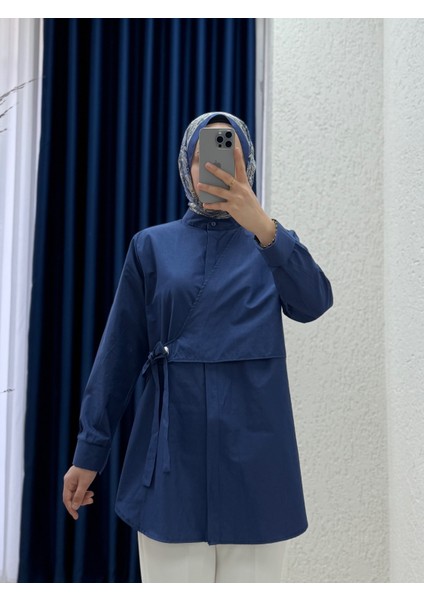 Gülşen Yandan Bağlamalı Kuş Gözü Detaylı GÖMLEK-Çİ454 Lacivert