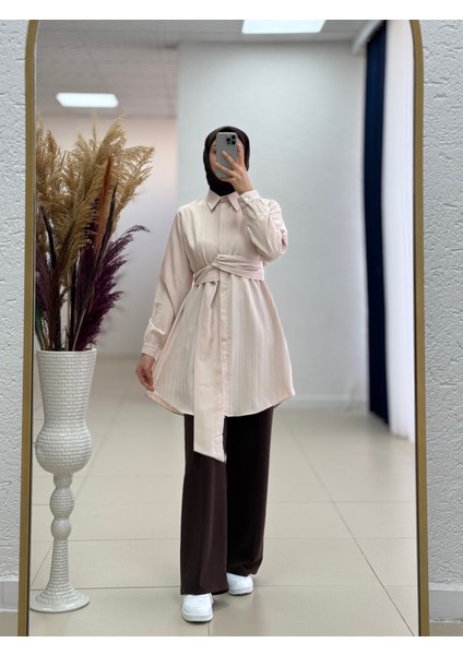 Selen Damarlı Kumaş Bağlamalı GÖMLEK-Çİ425 Taş Kadın Gömlek-Tam Yazlık -Rahat Kumaş-Sade Model-Tesettür Gömlek-Salaş Model
