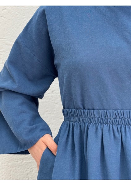 Yelesia Üstü Bluz Etekli Keten TAKIM-EK524 Indigo fiyatları