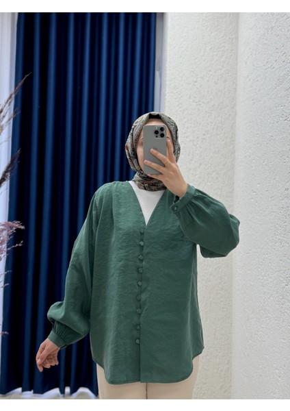Zaryla V Yaka Boydan Düğmeli Pes Modal GÖMLEK-NL361 Yeşil