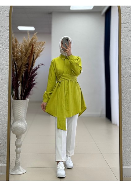 Selen Damarlı Kumaş Bağlamalı GÖMLEK-Çİ425 Yağ Yeşili Kadın Gömlek-Tam Yazlık -Rahat Kumaş-Sade Model-Tesettür Gömlek-Salaş Model