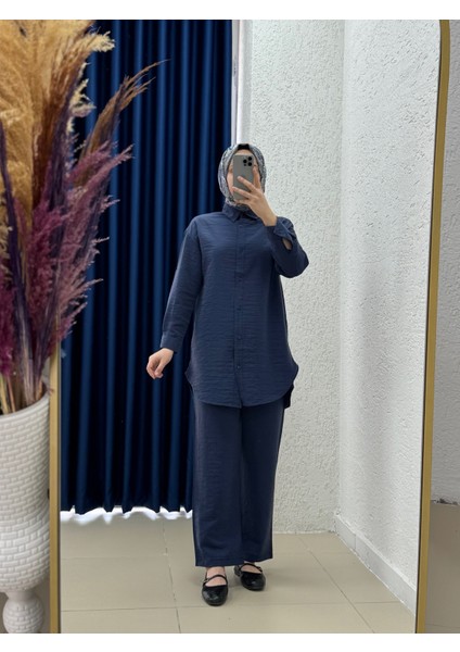 Idil Çilek Kumaş Mini Düğmeli Pantolonlu TAKIM-Zİ2186 Lacivert