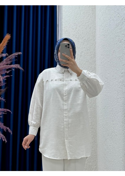 Serdina Taş ve Inci Işlemeli Keten GÖMLEK-EU2507 Taş