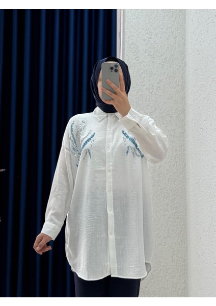 Yelina Çift Tarafı Pul Işlemeli GÖMLEK-PE222 Beyaz