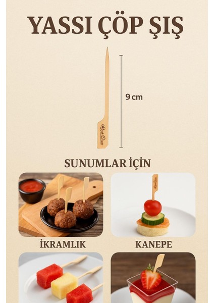 Yassı Çöp Şiş 9 cm – Ahşap Sunum Çubuğu 50 'li fiyatları