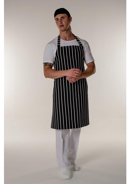 Şık Siyah ve Beyaz Çizgili Mutfak Şefi Askılı Önlük 70x100, Kumaş Renk Siyah