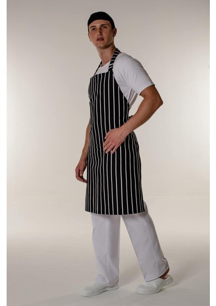 Şık Siyah ve Beyaz Çizgili Mutfak Şefi Askılı Önlük 70x100, Kumaş Renk Siyah modelleri
