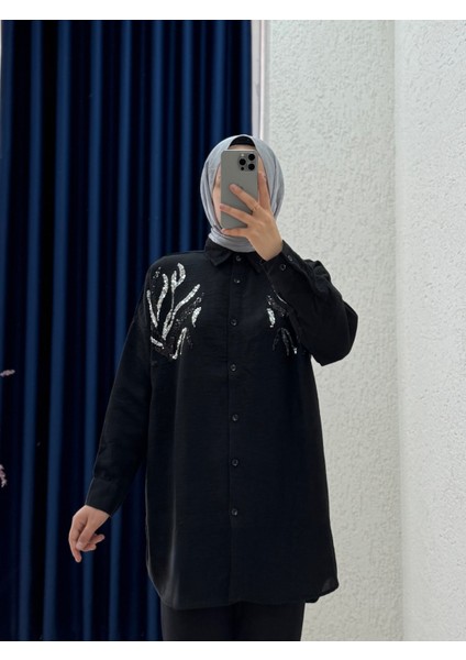 Yelina Çift Tarafı Pul Işlemeli GÖMLEK-PE222 Siyah