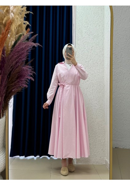 Ravuna Bağlamalı Çizgili Pırıltılı ELBISE-BY91097 Pembe