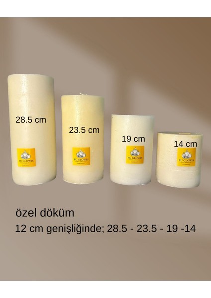 Fu Glowıs El Dökümü Mega Boy 4’lü Silindir Mum – Dekoratif Eskitme Tarzı | Krem | 12X14–19–23.4–28.5 cm