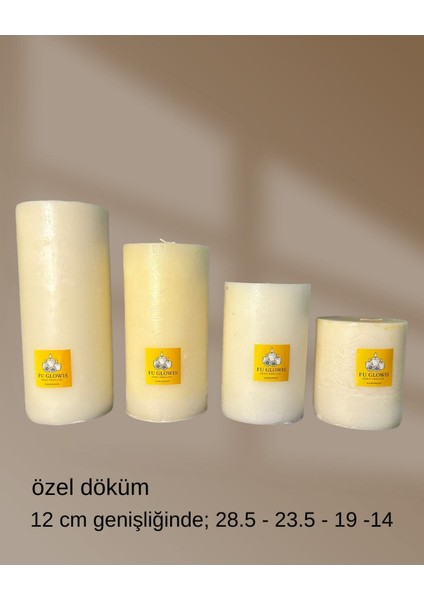 Fu Glowıs El Dökümü Mega Boy 4’lü Silindir Mum – Dekoratif Eskitme Tarzı | Krem | 12X14–19–23.4–28.5 cm