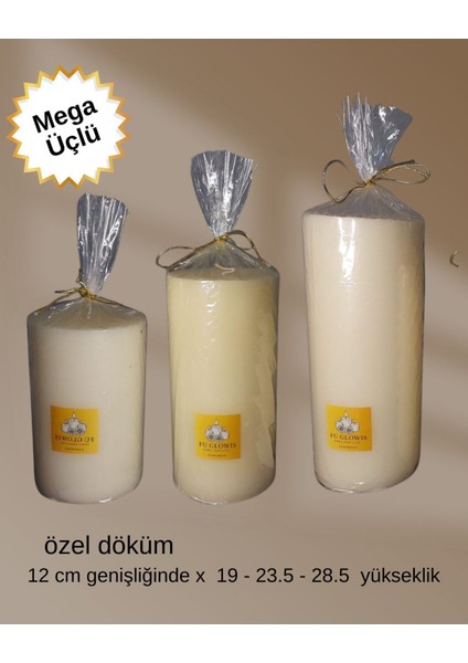 Fu Glowıs El Dökümü Mega Boy 3’lü Silindir Mum – Dekoratif Eskitme Tarzı | Krem | 12X 19–23.4–28.5 cm