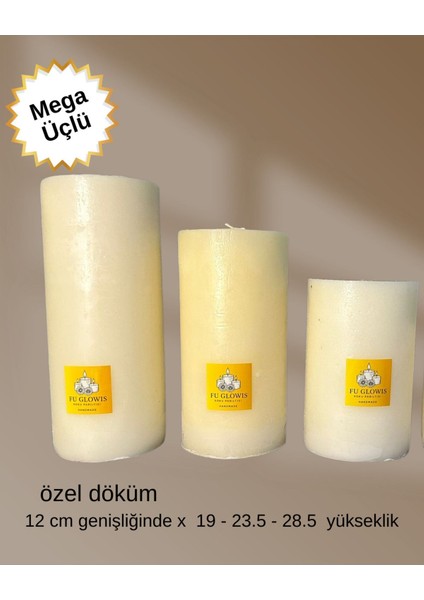 Fu Glowıs El Dökümü Mega Boy 3’lü Silindir Mum – Dekoratif Eskitme Tarzı | Krem | 12X 19–23.4–28.5 cm fiyatları
