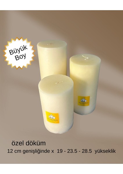 Fu Glowıs El Dökümü Mega Boy 3’lü Silindir Mum – Dekoratif Eskitme Tarzı | Krem | 12X 19–23.4–28.5 cm modelleri