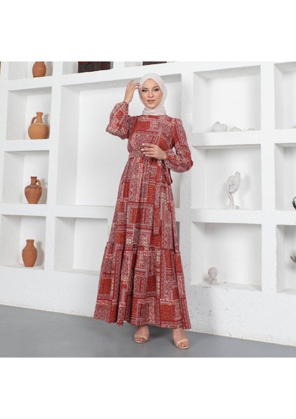 Tesettür Kadın Yazlık Desenli Viskon ELBISE-PA9346 Krem