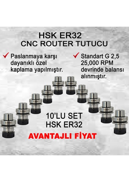 HSKF63 ER32 Takım Cnc Router Tutucu 10^lu Set