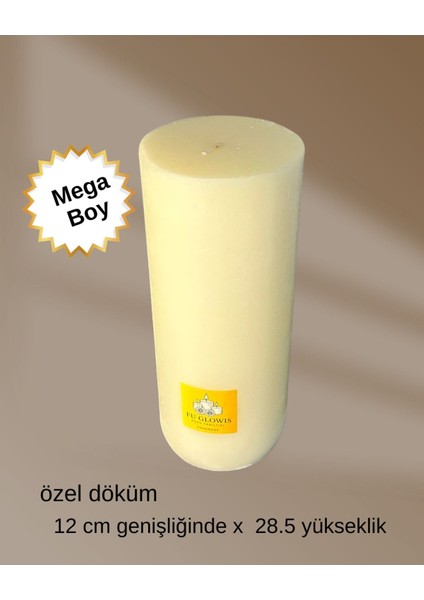 Fu Glowıs Özel El Dökümü Mega Boy Silindir Mum – Dekoratif Eskitme Tarzı | Krem | 12 x 28.5 cm