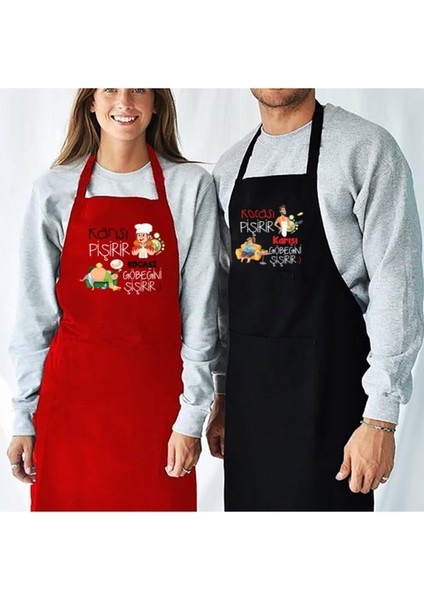 İki Renkli Pamuklu Mutfak Önlüğü Takımı, Çiftlere Özel, Eğlenceli Tasarım
