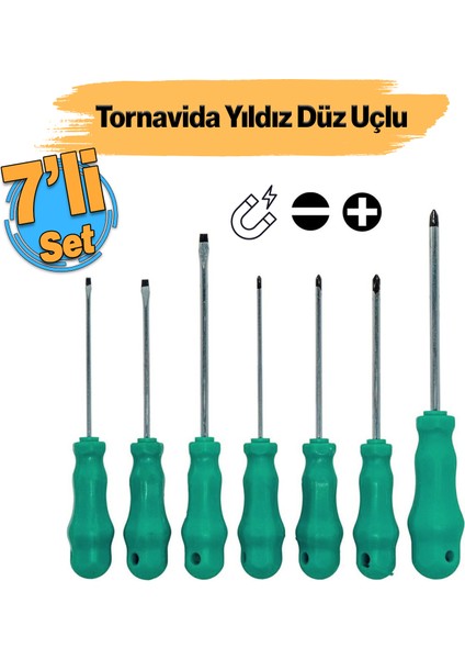 Tornavida Seti Düz Yıldız Uçlu (7'li Set) Mıknatıslı Vida Sıkma Sökme