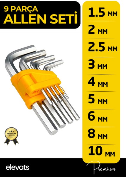 Premium 9 Parça Allen Anahtar Seti | 1.5 - 10 mm Alyan Anahtar Takımı | Krom Vanadyum Çelik