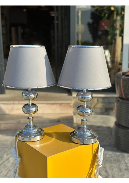 48CM Yüksekliğnde Kumaş Başlıklı Krom Ayaklı Ikili Abajur