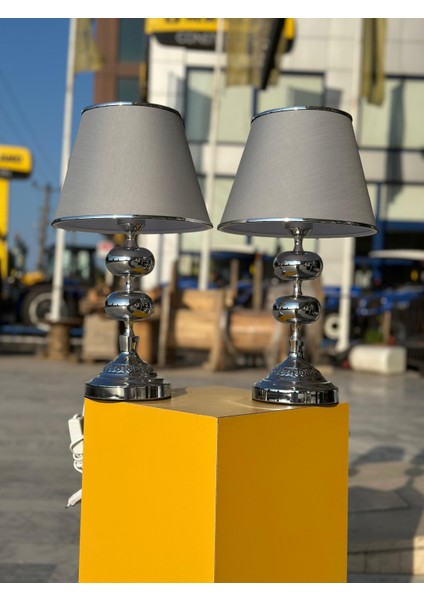 48CM Yüksekliğnde Kumaş Başlıklı Krom Ayaklı Ikili Abajur