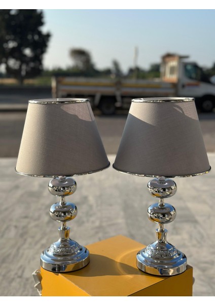 48CM Yüksekliğnde Kumaş Başlıklı Krom Ayaklı Ikili Abajur