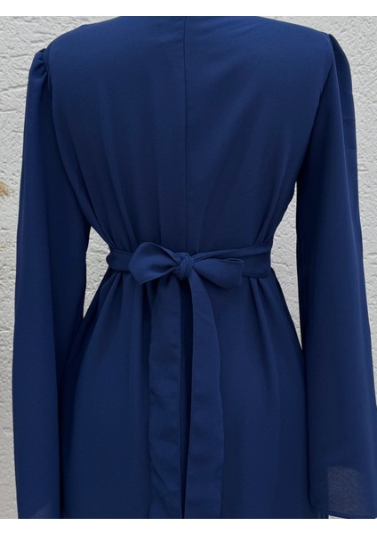 Ebru Bağcıklı Krep ELBISE-PA9598 Lacivert